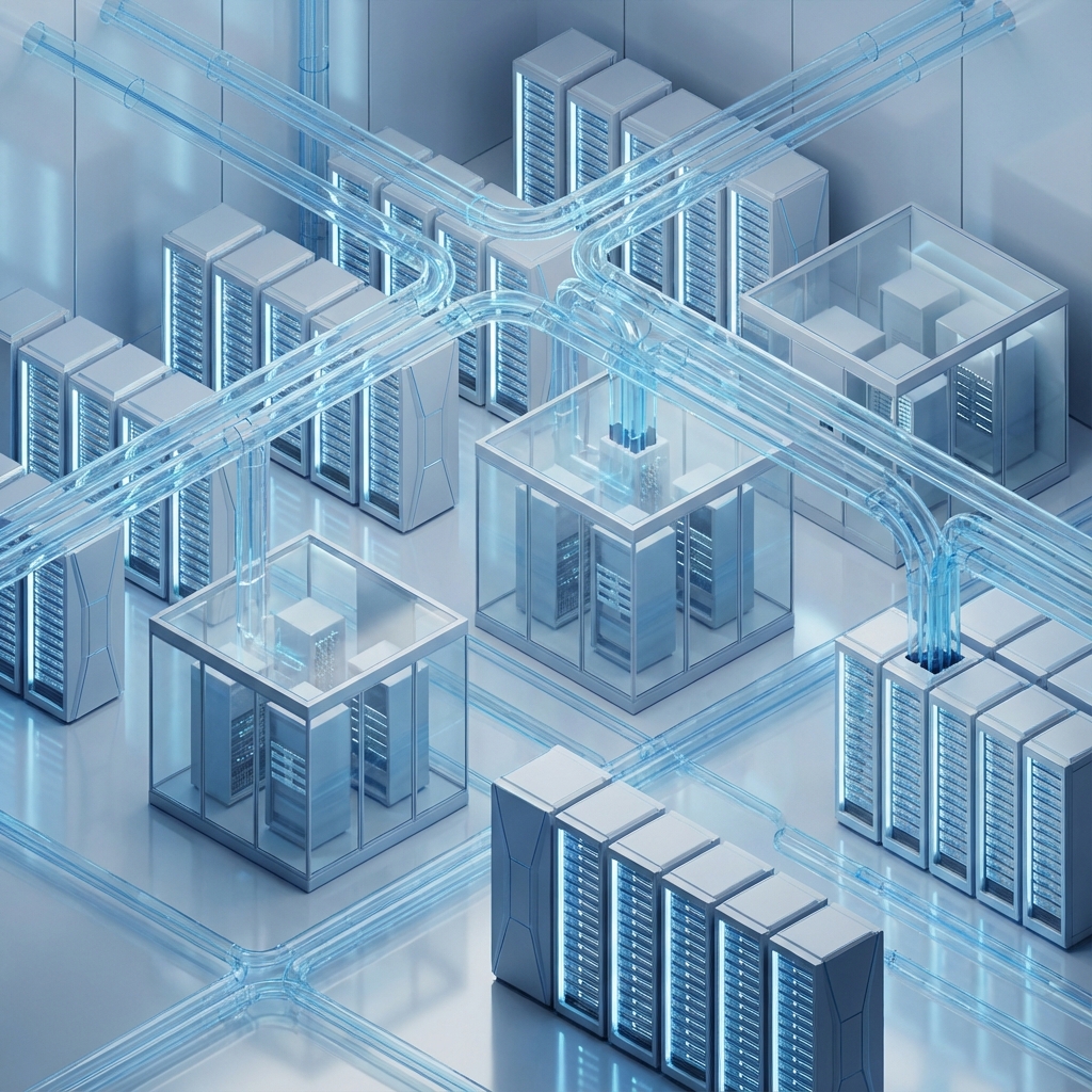 Futuristic server room data center with glowing blue lights, sleek geometric design, high tech infrastructure